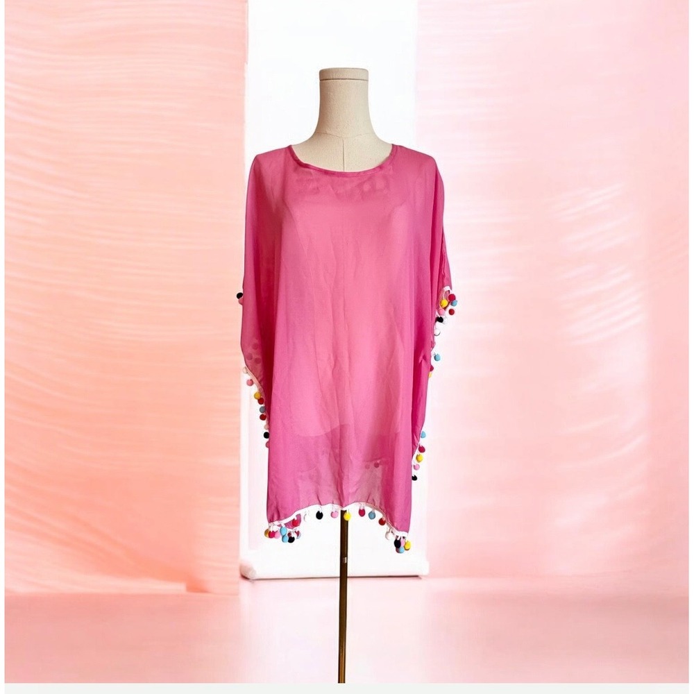 Viv & Lou Pink‎ Chiffon Pom Pom Trim Swim Cover Up Poncho One Size